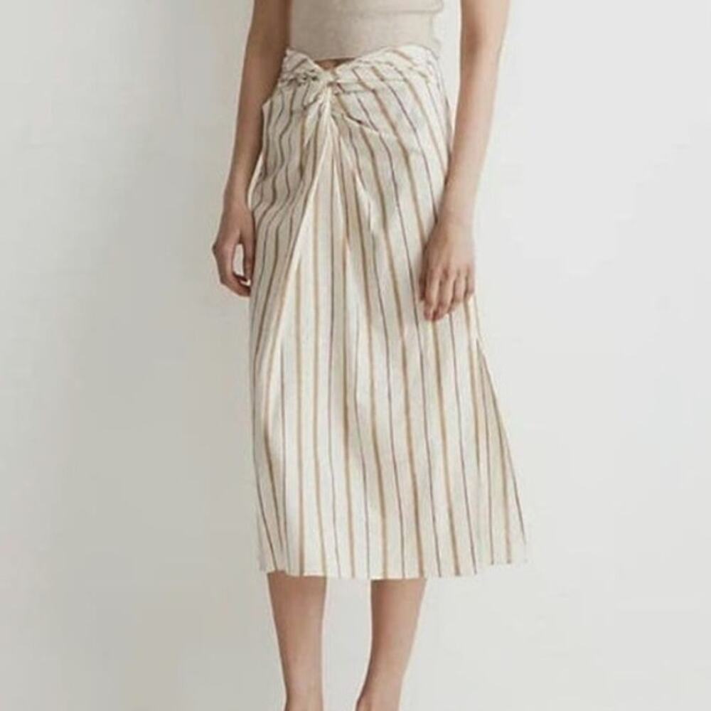 Madewell NWT Stripe Sarong Wrap Midi Skirt Twist Front Linen Cotton Size 12